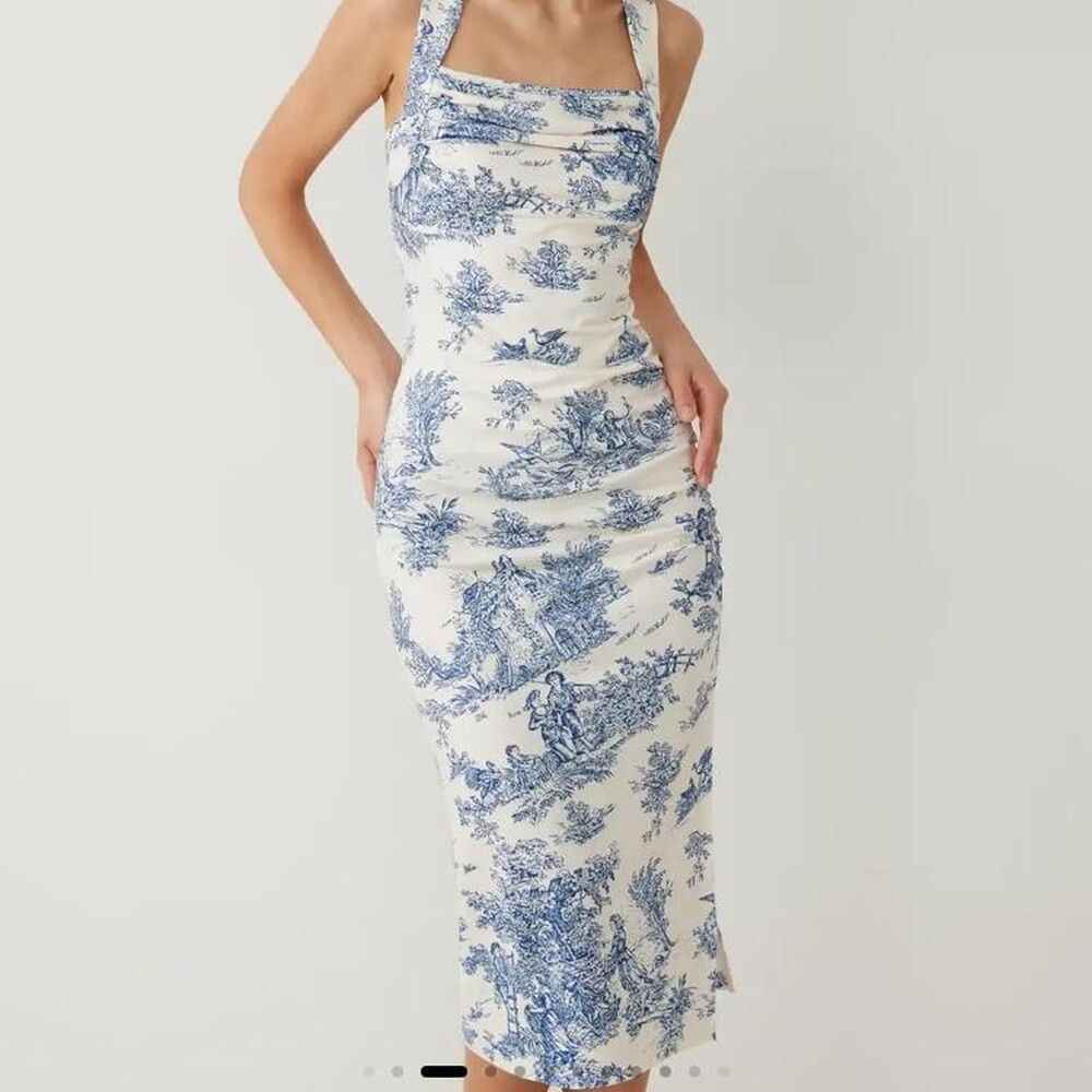 Cider Women's White and Blue French Country Toile De Jouy Midi Dress XS